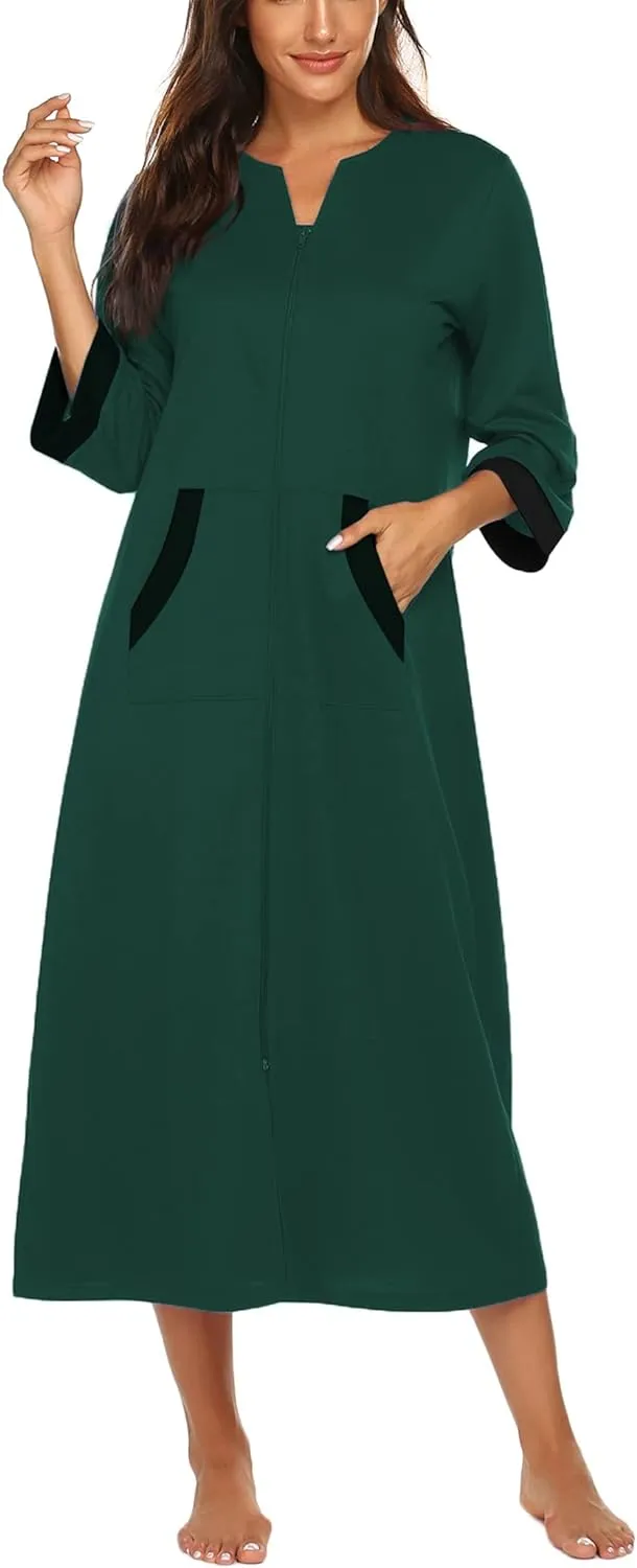 50% OFF Women Zipper Robe 3/4 Sleeves Loungewear Dress Full Length Sleepwear Pockets Housecoat Nightgown Long Bathrobe