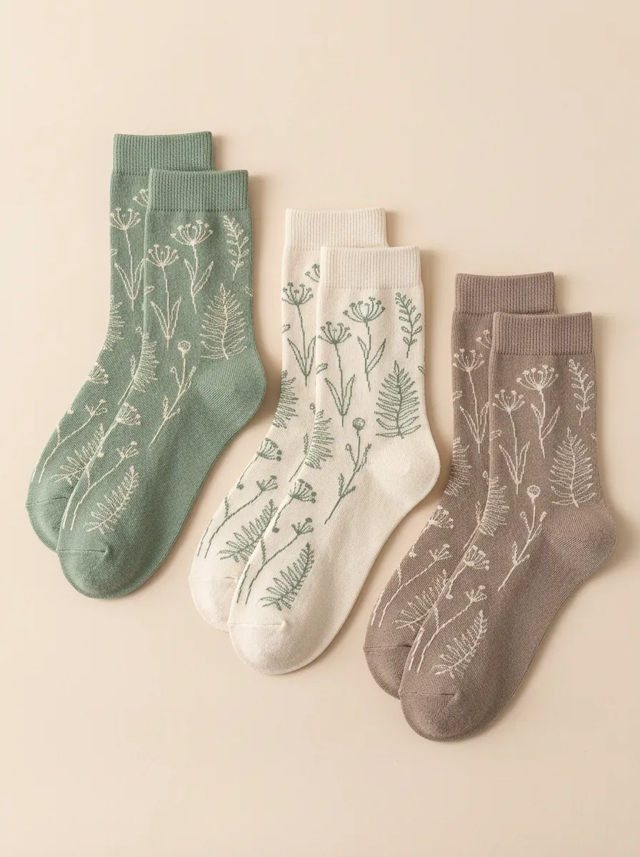 Women's Botanical Line Art Crew Socks Three Pair Set