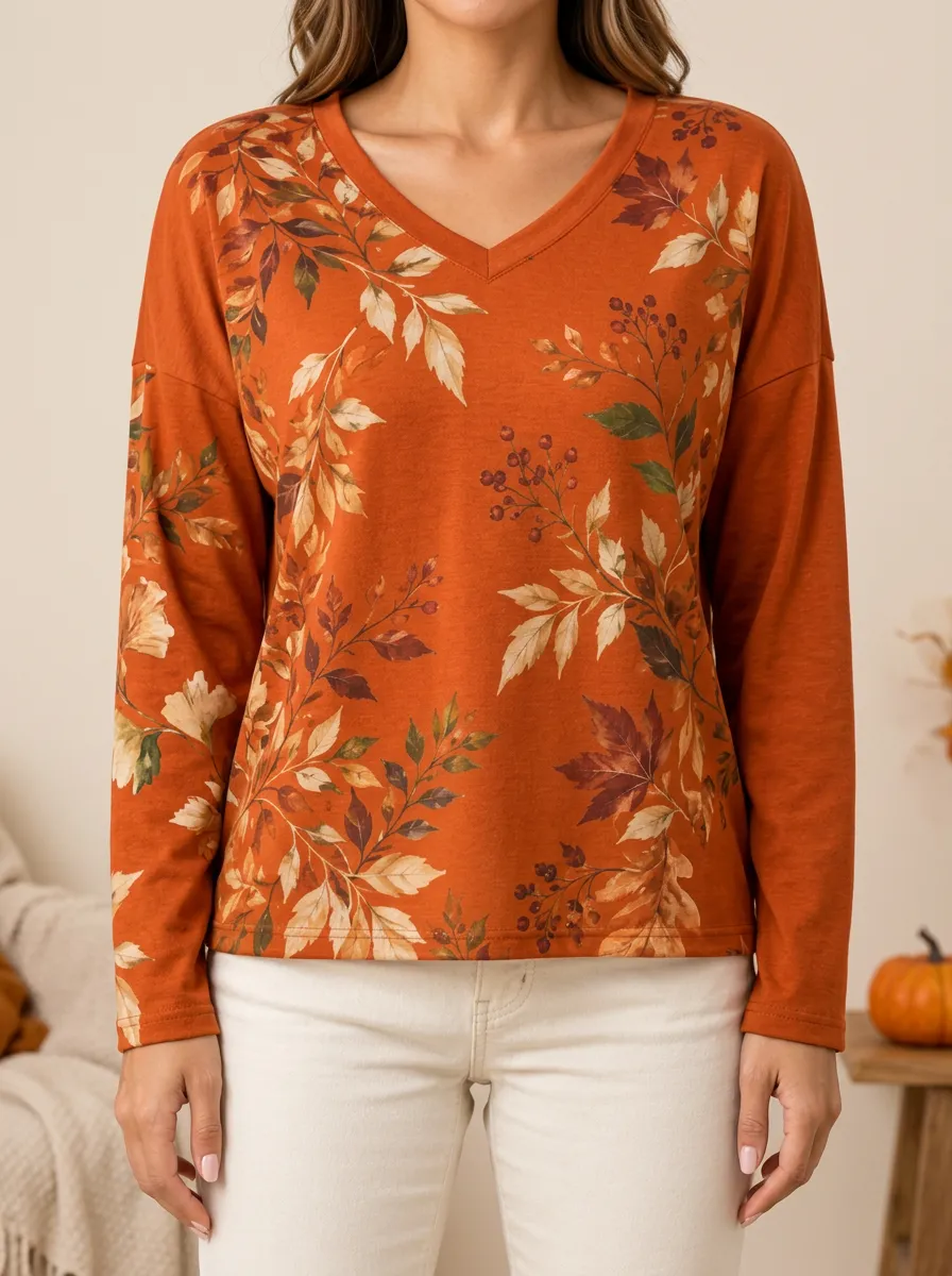 Fall Foliage V Neck Long Sleeve Printed Top