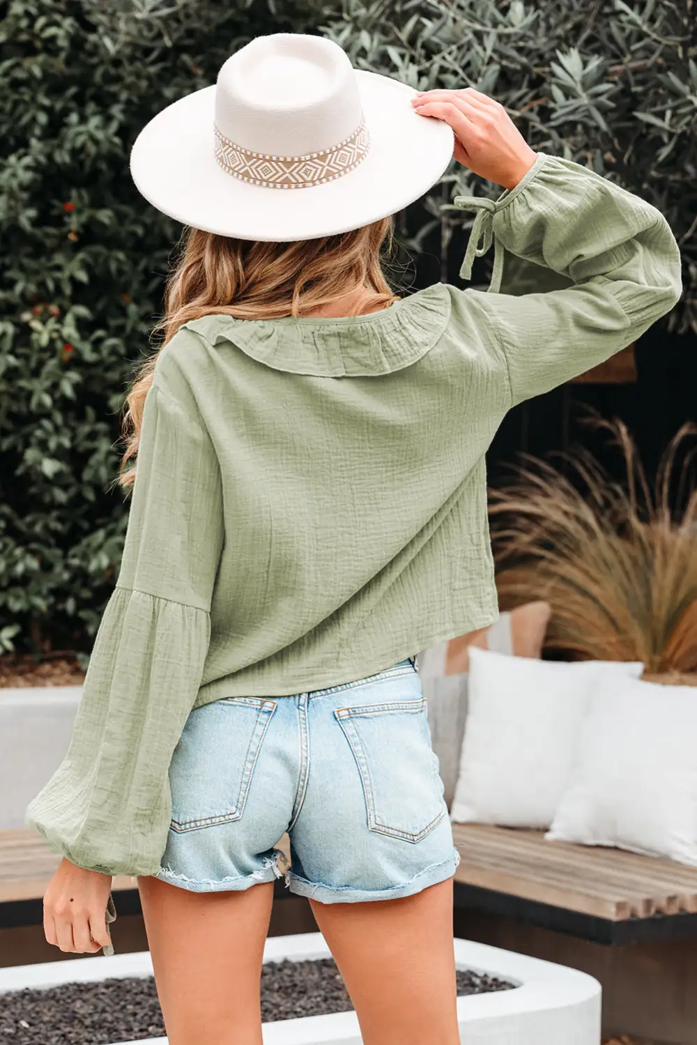 Ruffle Trim Long Sleeve V Neck Blouse