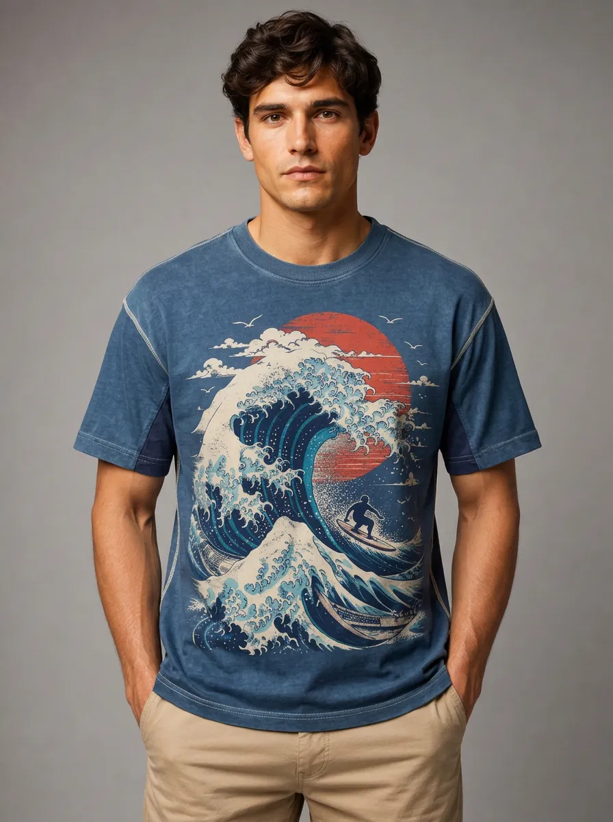 Men's Graphic Print Crewneck T-Shirt with Contrast side panels under the arms