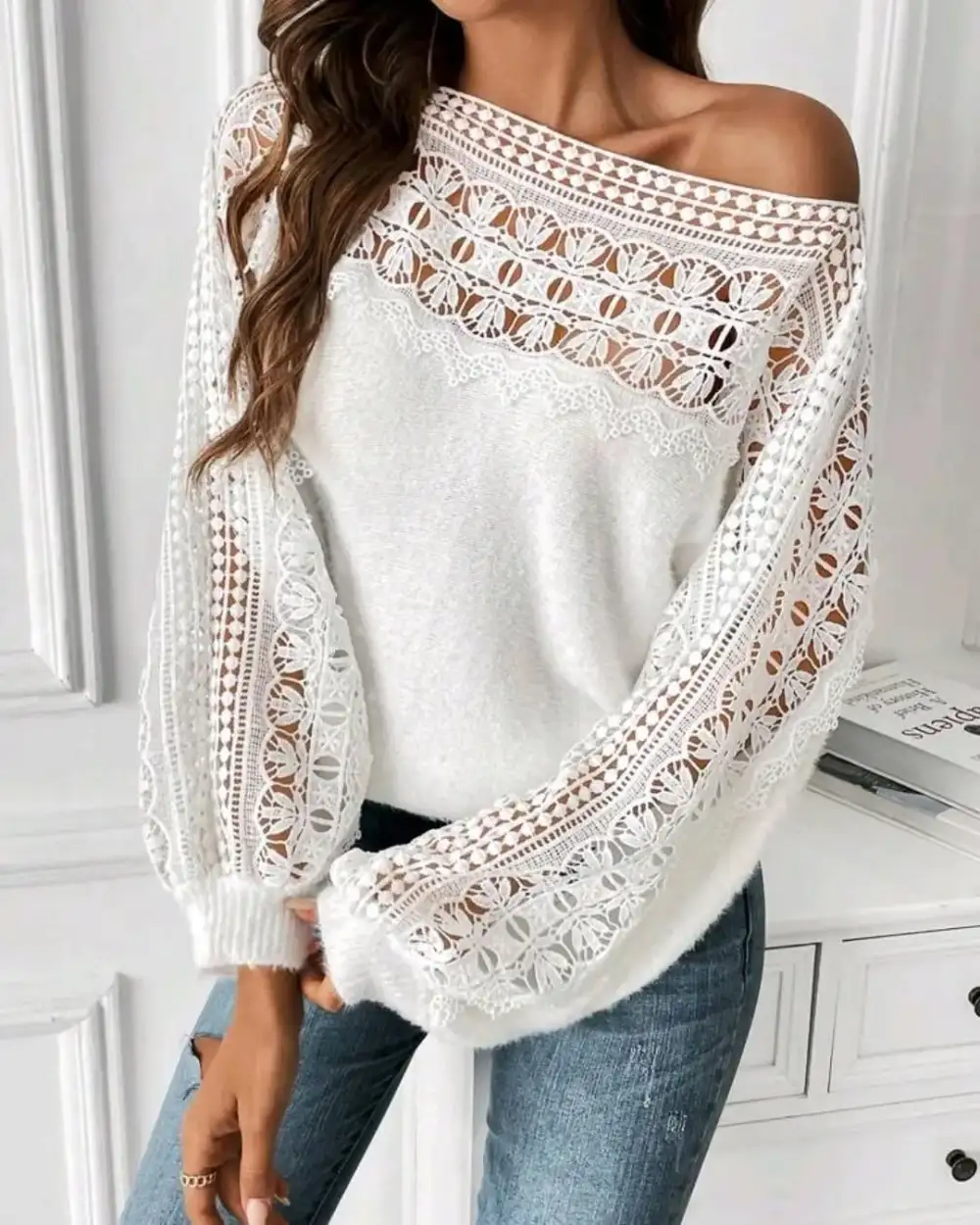 Women'S Lace Stitching Casual Long-Sleeved Top