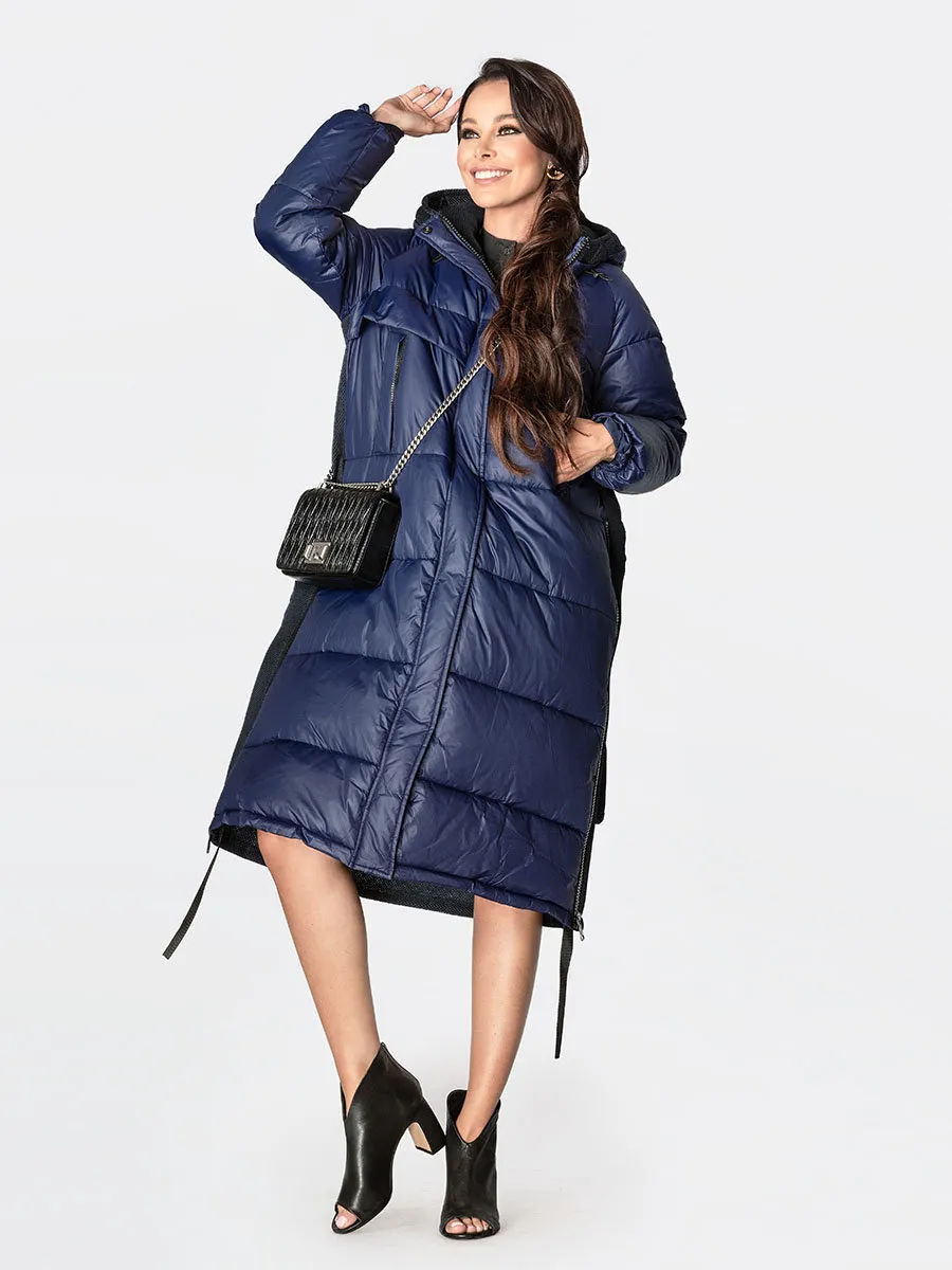 Dark blue women's long winter jacket with hood