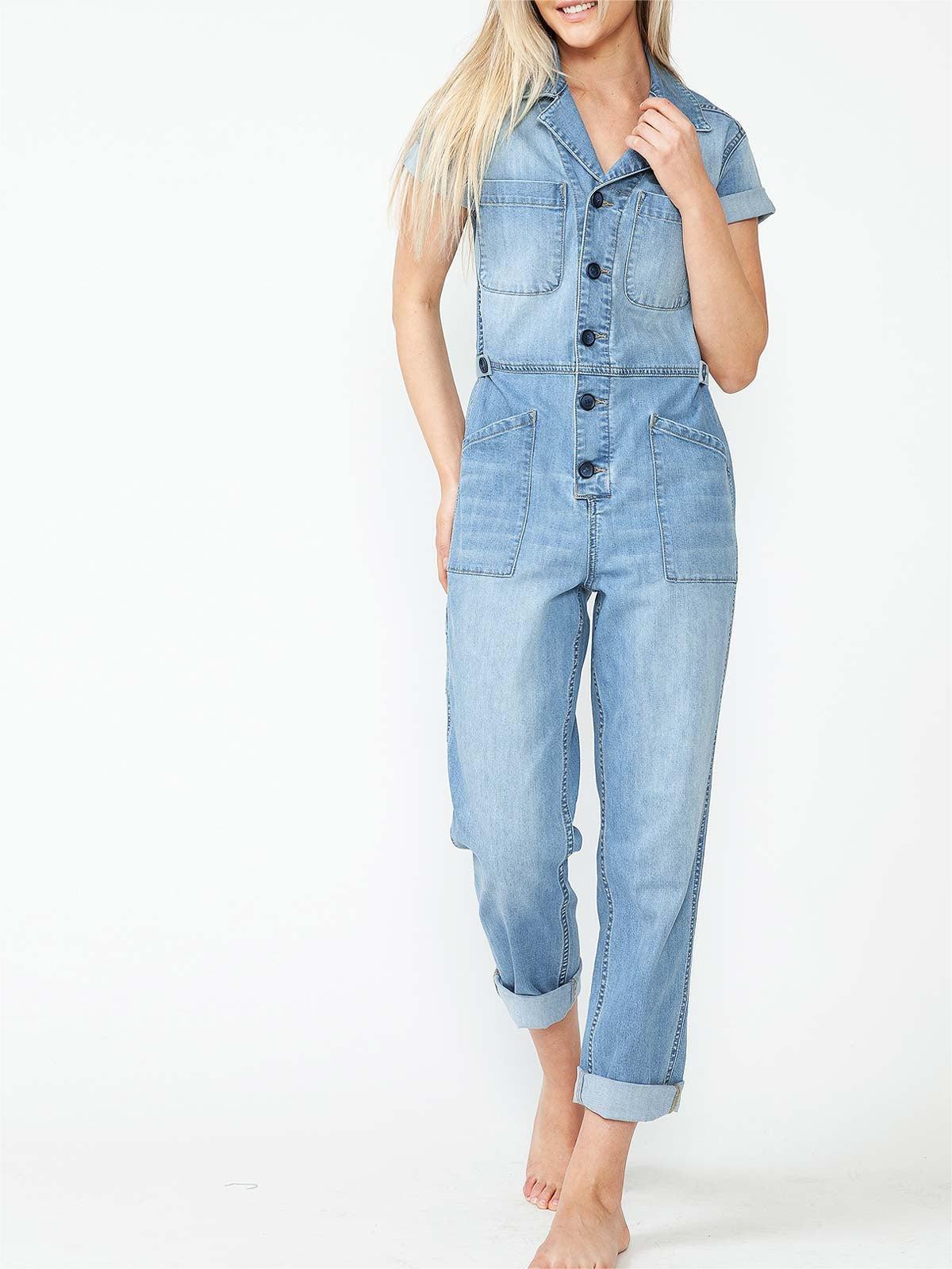 Light Blue Denim Short - Sleeve Jumpsuit