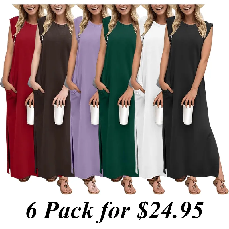 6PACK-Summer Round Neck Casual Loose Split Wrinkle-Free Long  Dress