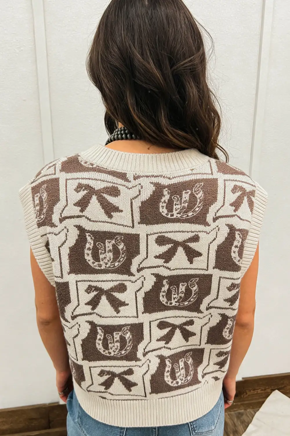 Western Horseshoe Bow Print V-Neck Relaxed Sweater Vest