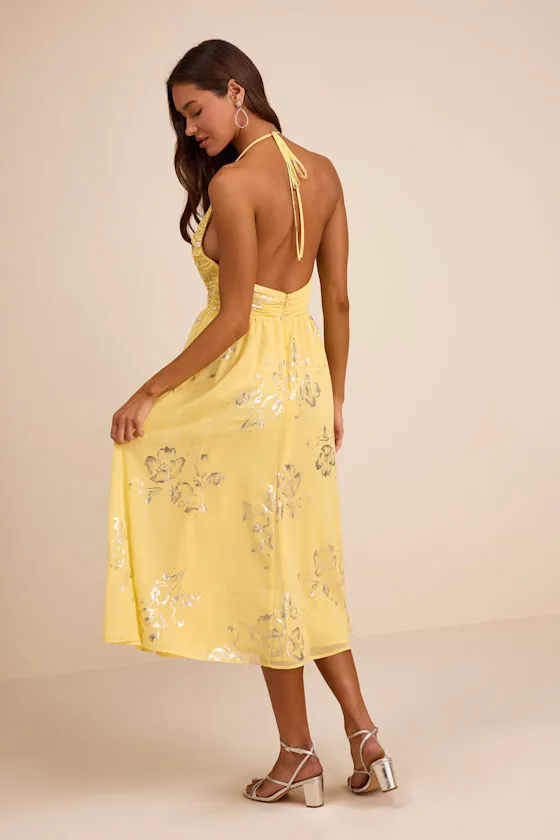Danelle Yellow Floral Halter A-Line Midi Dress