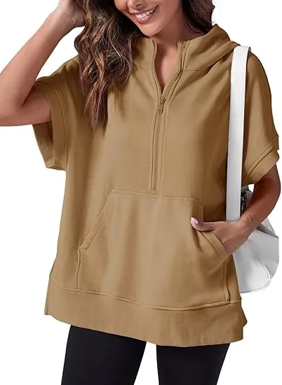 Women's Oversized Half Zip Short Sleeve Hoodie with Pockets