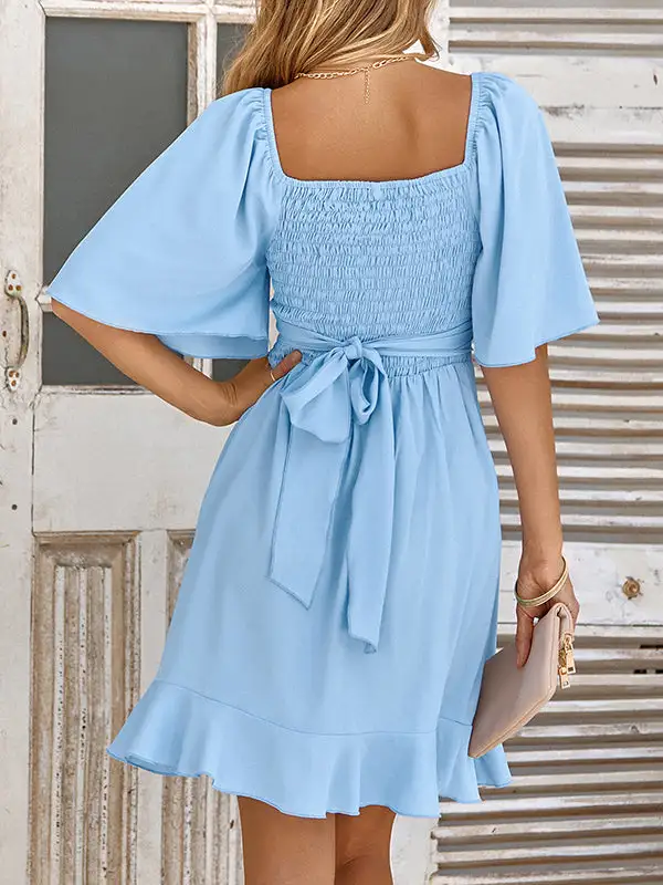 Flared Sleeve Half Sleeve Elasticity Ruffle Solid Color Split Joint Tied