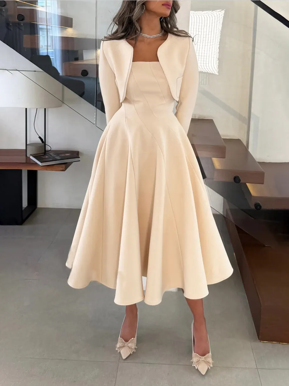 Elegant Long Sleeved Cropped Blazer And Midi Dress