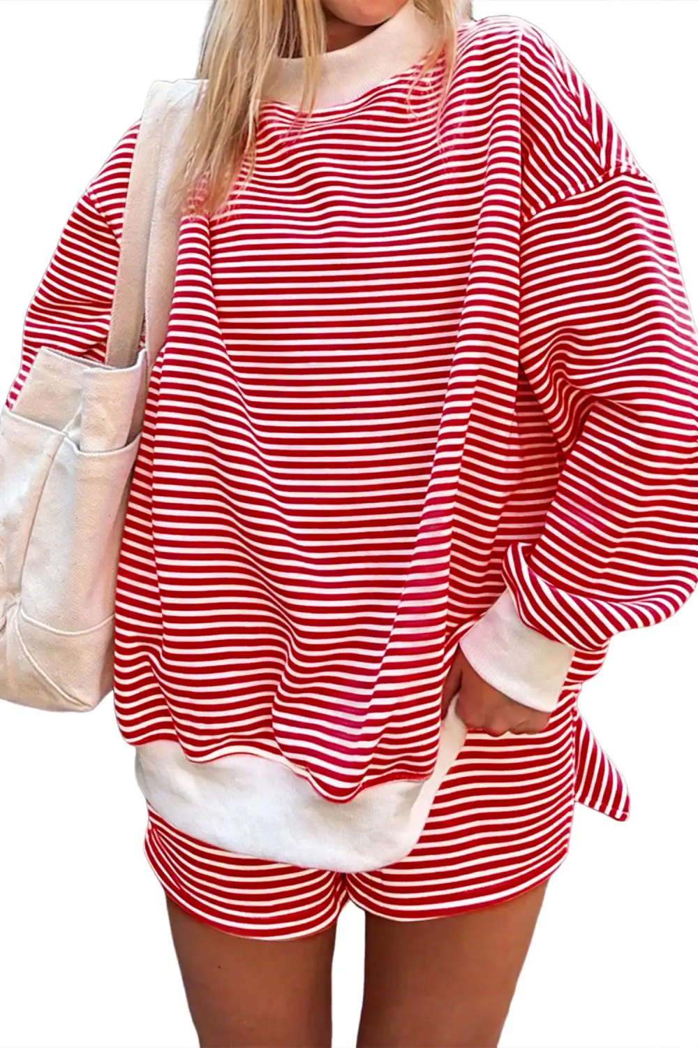 Striped Mock-Neck Two-Piece Sweatshirt and Shorts Set