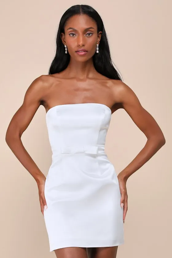 Adorable Chicness White Satin Strapless Bow Mini Dress