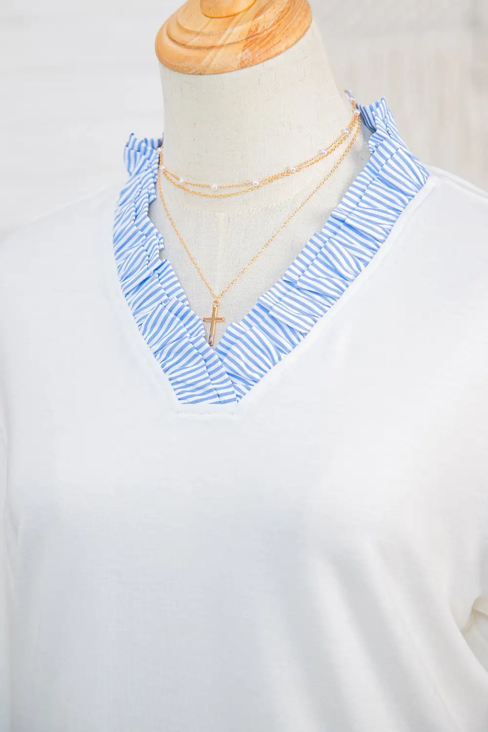 White Striped Patchwork V Neck 3/4 Sleeve Blouse