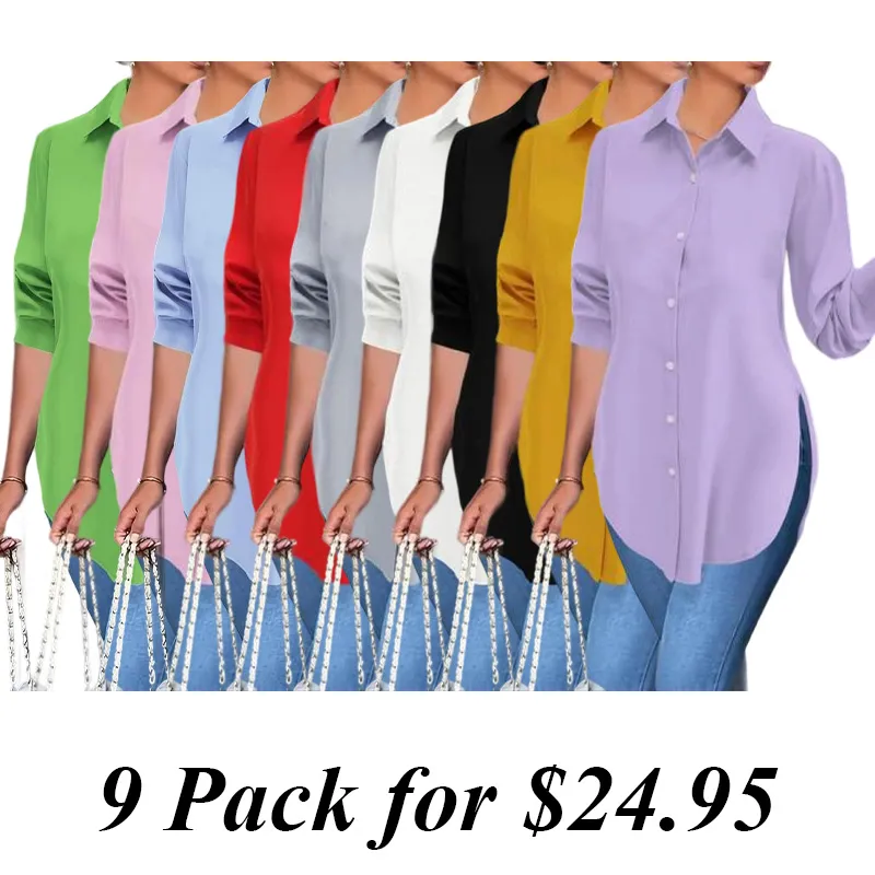 9PACK-Solid Color Irregular Side Long Sleeve Shirt