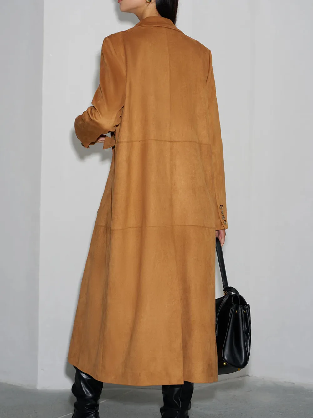 Suede Plain Double-Breasted Long Blazer