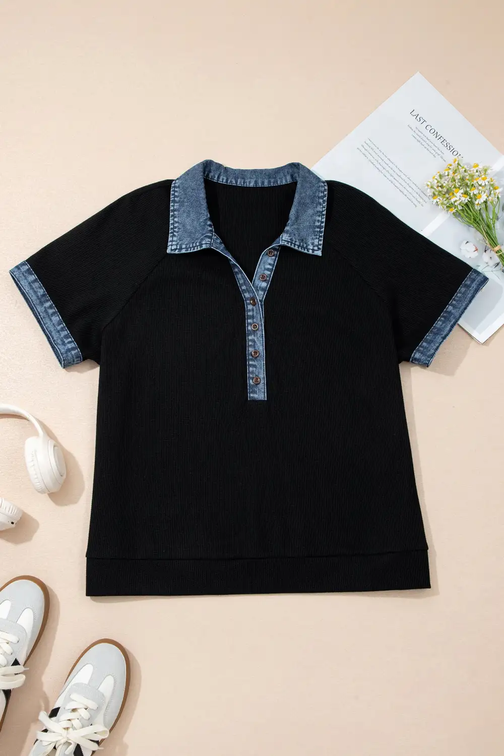 Patchwork Denim-Detail Polo T-Shirt
