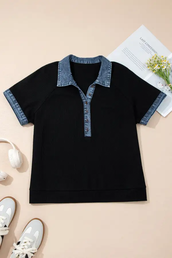 Patchwork Denim-Detail Polo T-Shirt