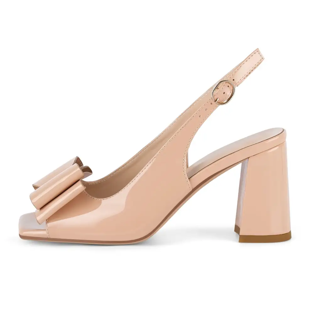 Patent Finish Bow Accent Open Toe Chunky Heel Slingback Pumps