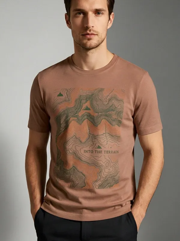 Men's Hiking Lover Topographic Map Into The Terrain Printed T-shirt