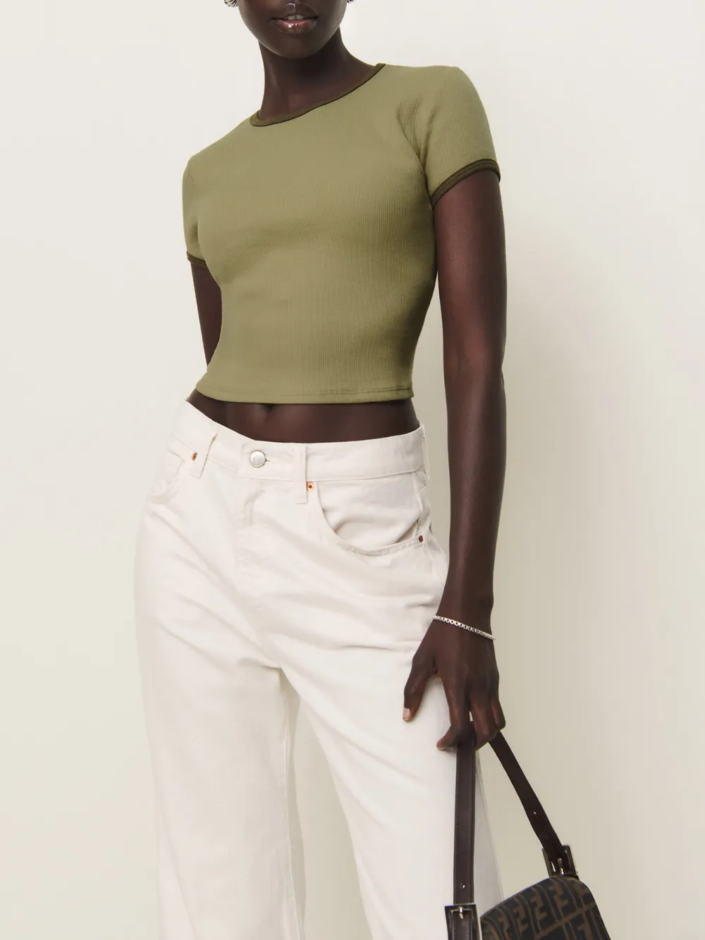 Ribbed Trim Cropped Knit Tee