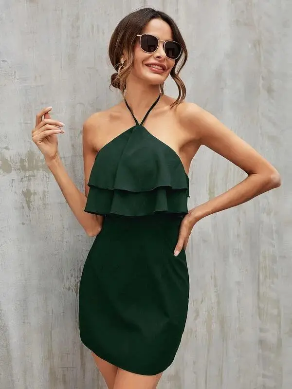 Women Solid Tiered Layer Tie Back Halter Dress