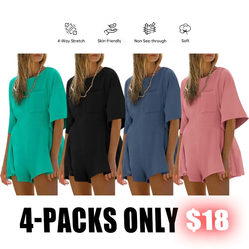 Women’s Summer Slim Fit Romper – Short Sleeve Crew Neck Jumpsuit with Pocket