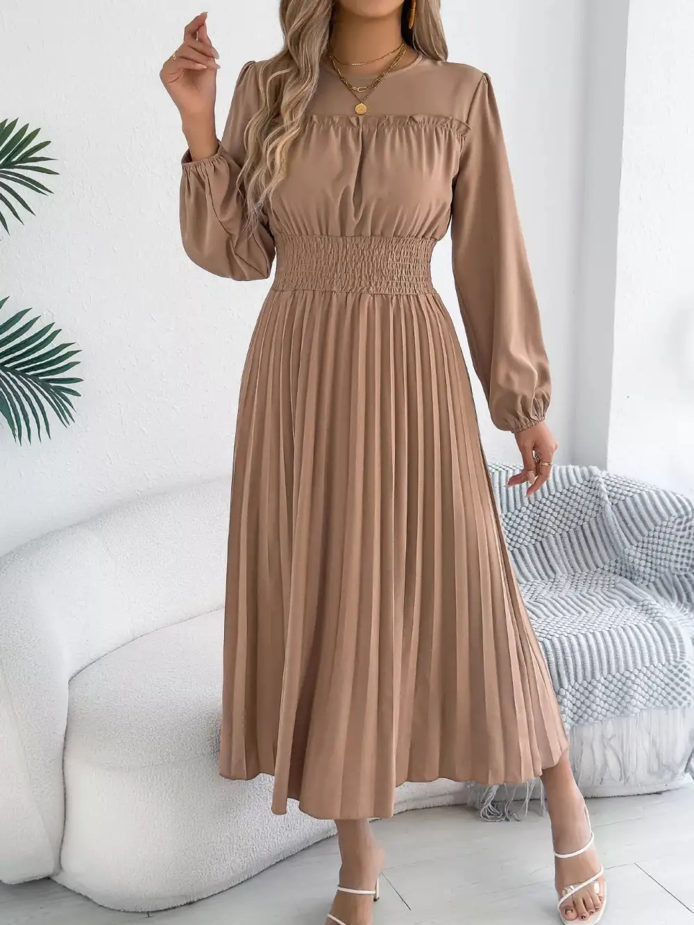 Pleated Smocked Long Sleeve Midi Dress