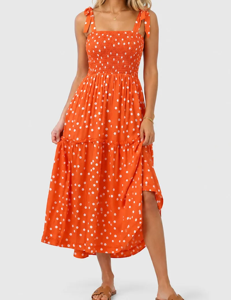 Abstract Smocked Strap Square Neck Midi Dress
