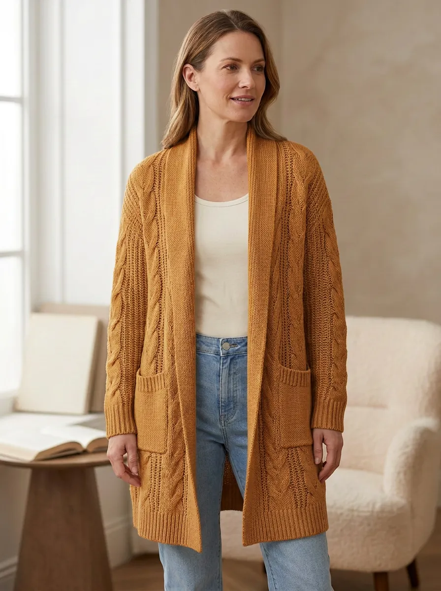 Women's Cable Knit Open-Front Open- Design Wide Shawl Long Cardigan