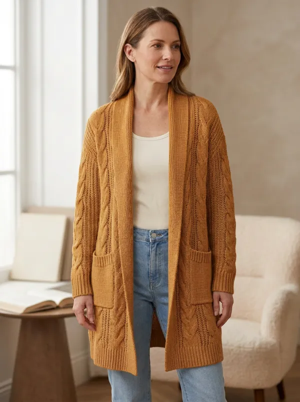 Women's Cable Knit Open-Front Open- Design Wide Shawl Long Cardigan