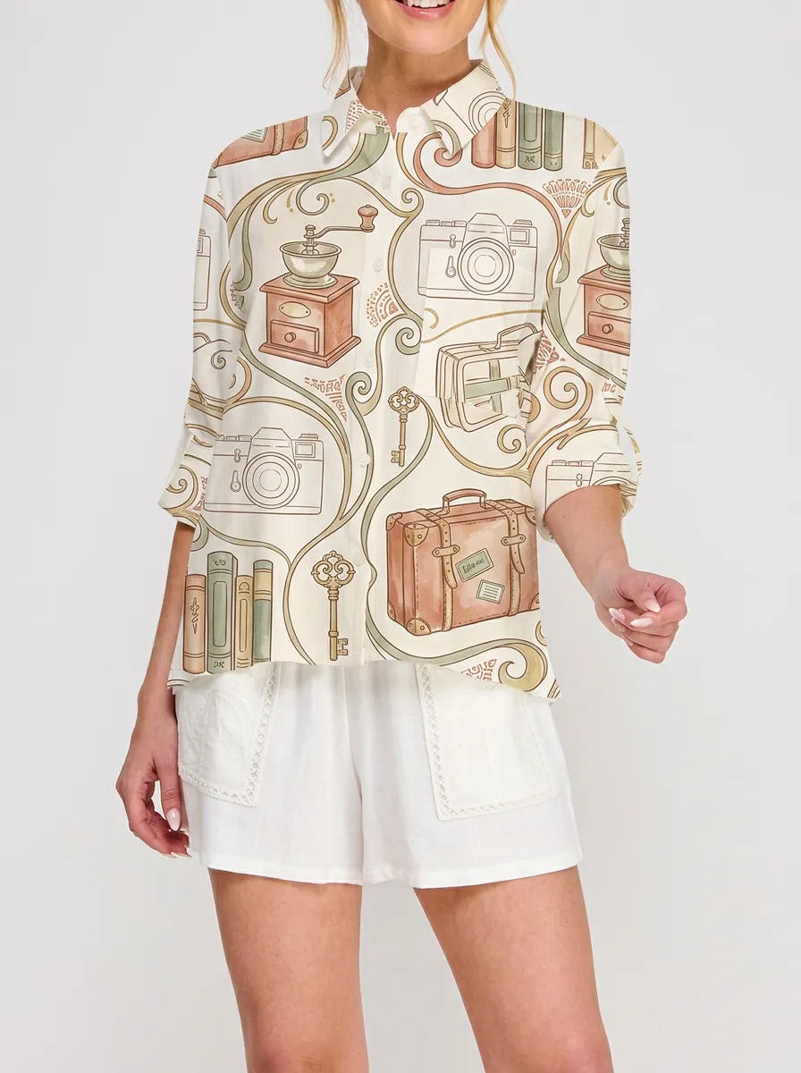 Women's Travel Lover Vintage Camera Suitcase Printed Shirt