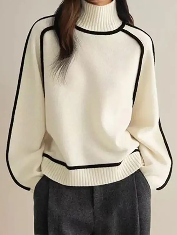 Paneled High Neck Long Sleeve Relaxed Fit Pullover Sweater