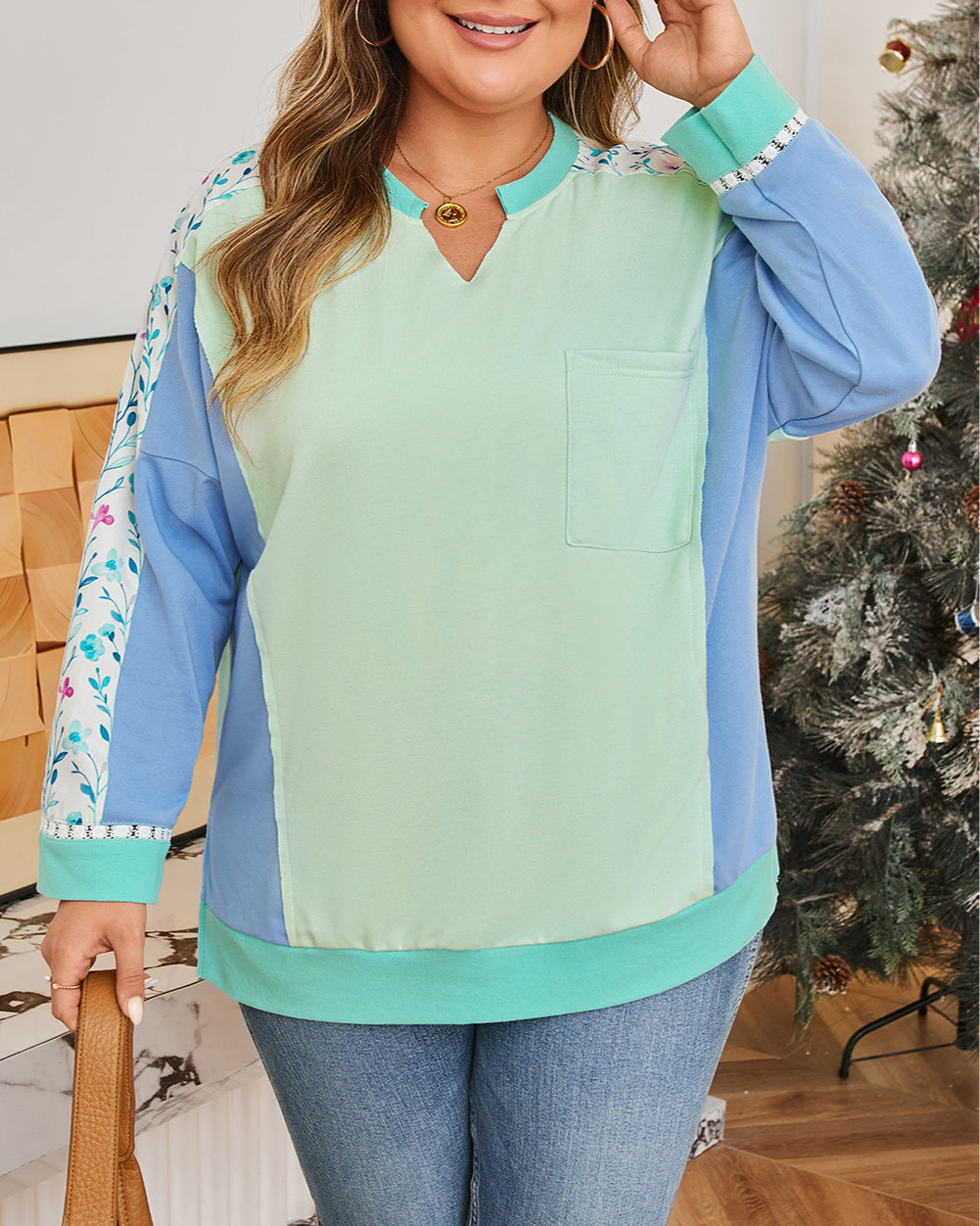 Women's Floral Print Colorblock Notched Neck Top