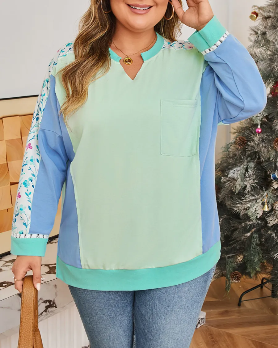 Women's Floral Print Colorblock Notched Neck Top