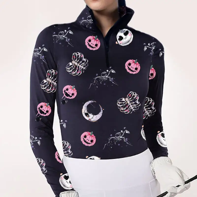 Women's Halloween Equestrian Style Horse Skeletons Print Long Sleeve Casual Shirt