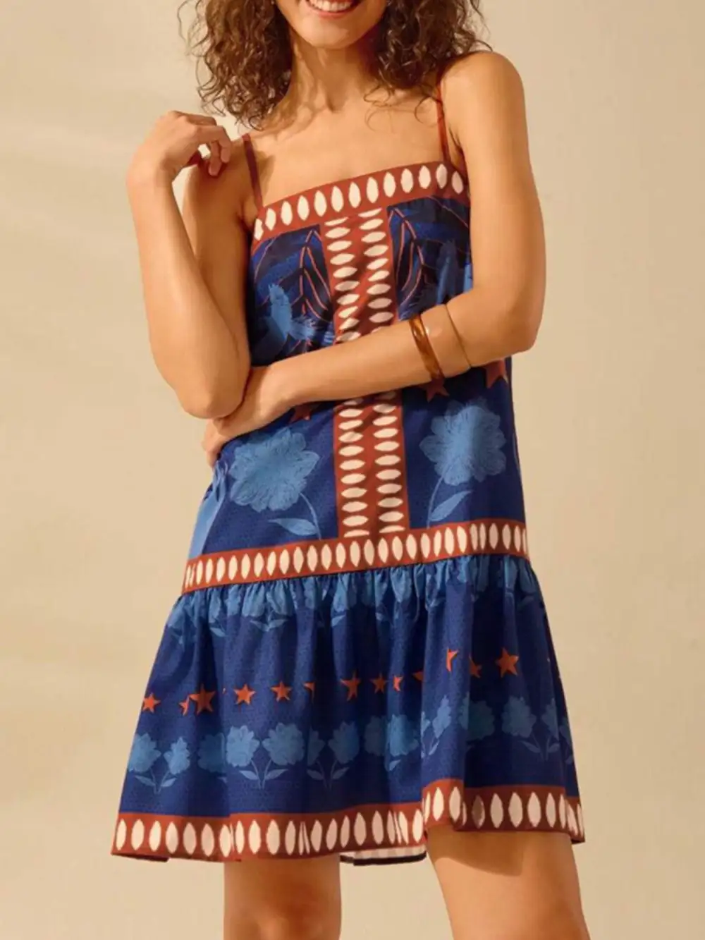Polished Detail Printed Ruffle Mini Dress