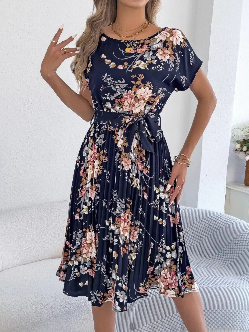Print Pleated A-line Midi Dress