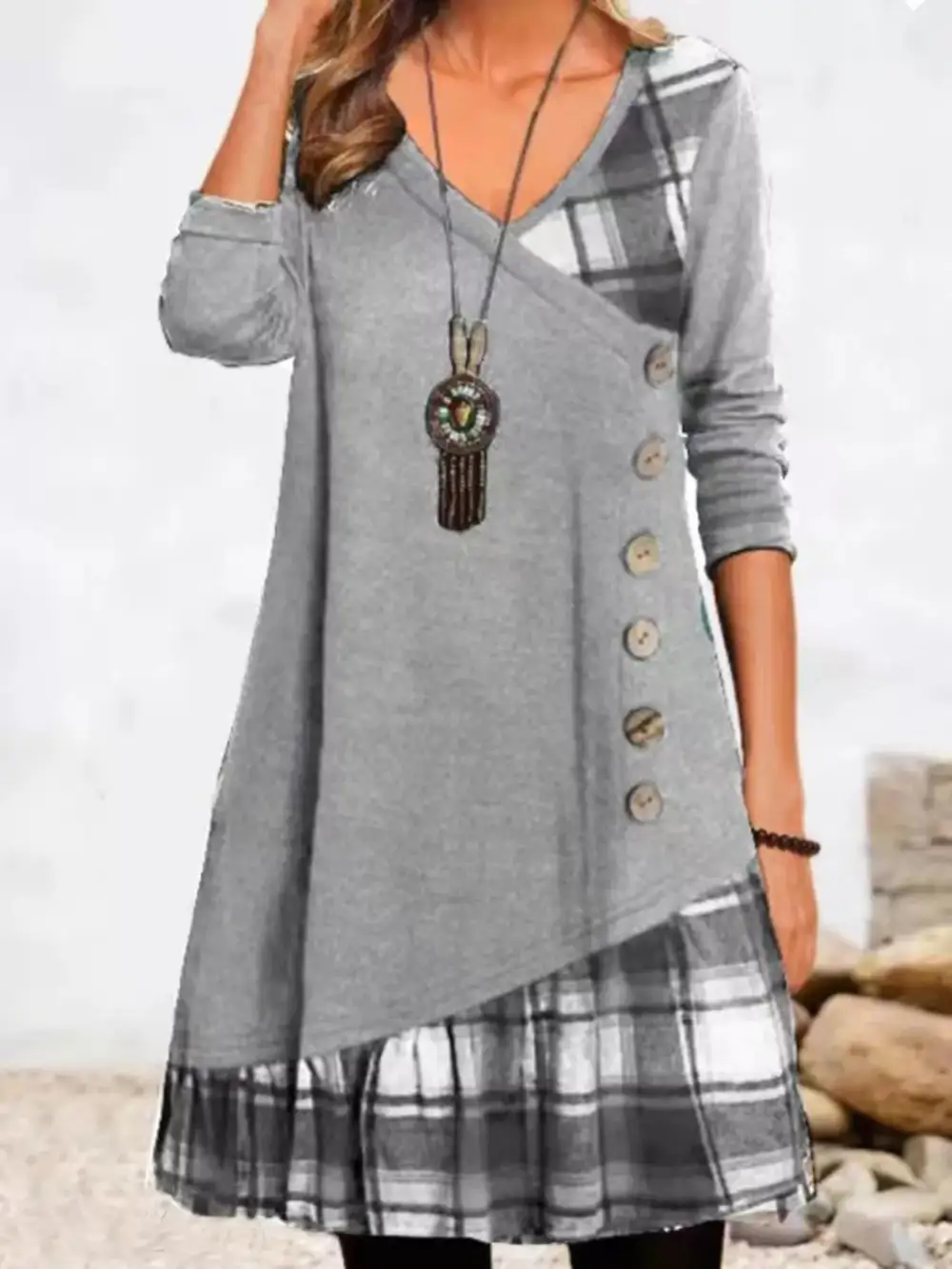 Asymmetrical Plaid Patchwork Long Sleeve Dress