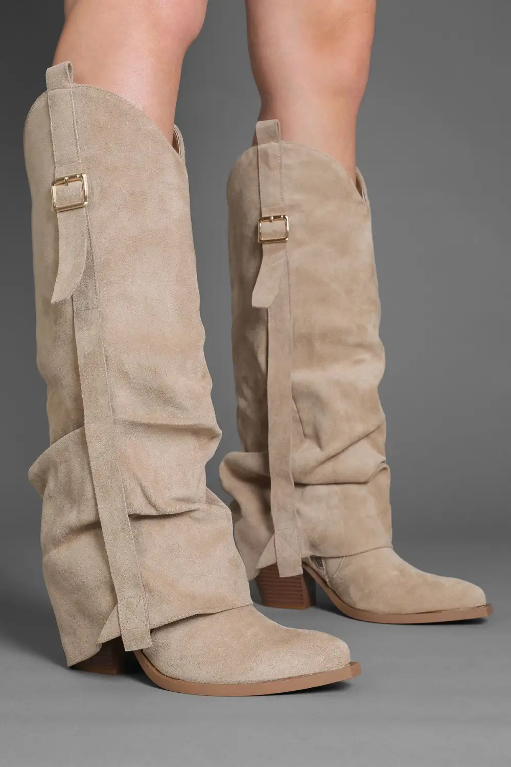 Western Inspired Western Slouch Fold-Over Buckle Detail Knee High Boots