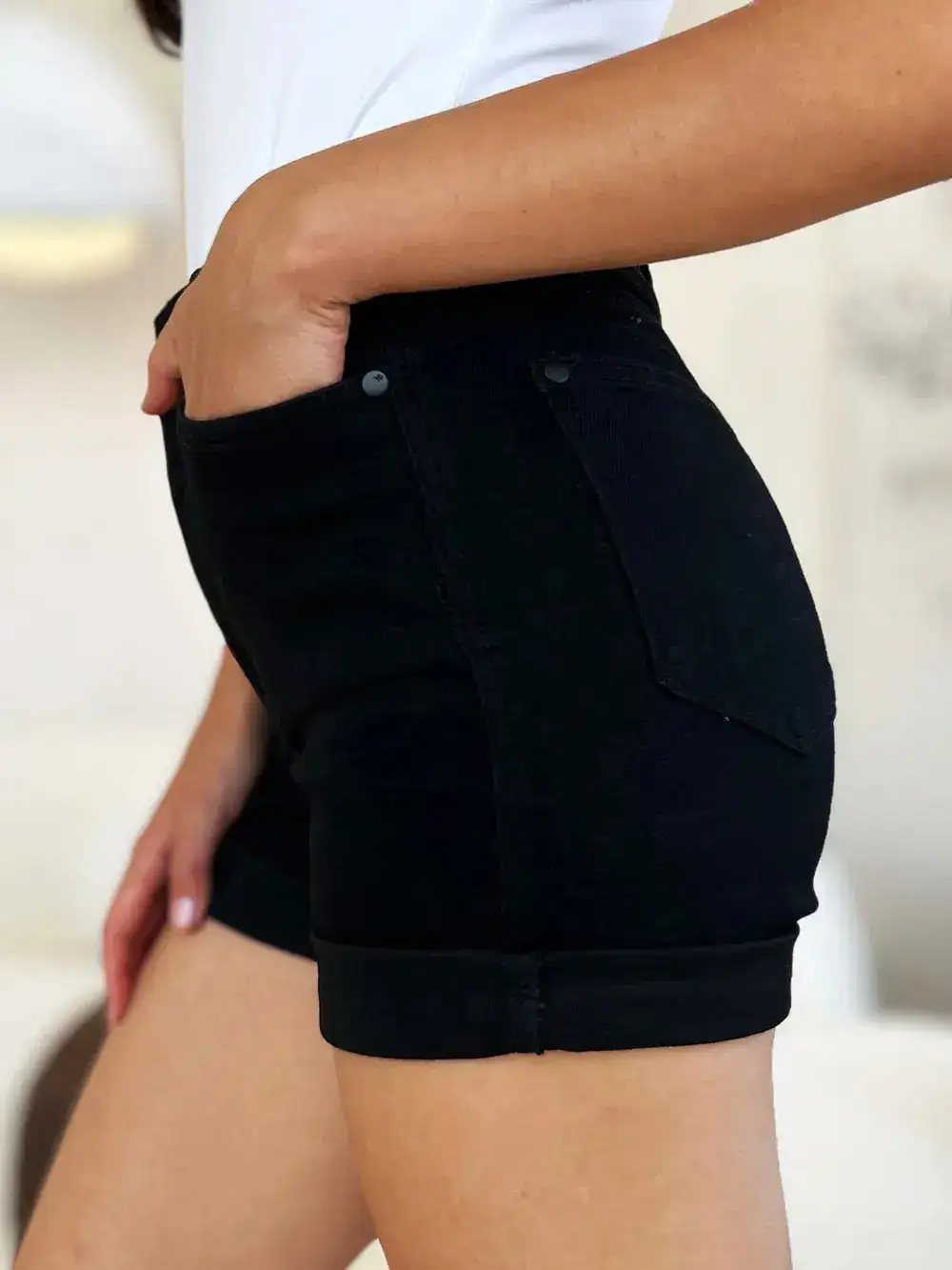 High-Waist Cotton Stretch Denim Shorts