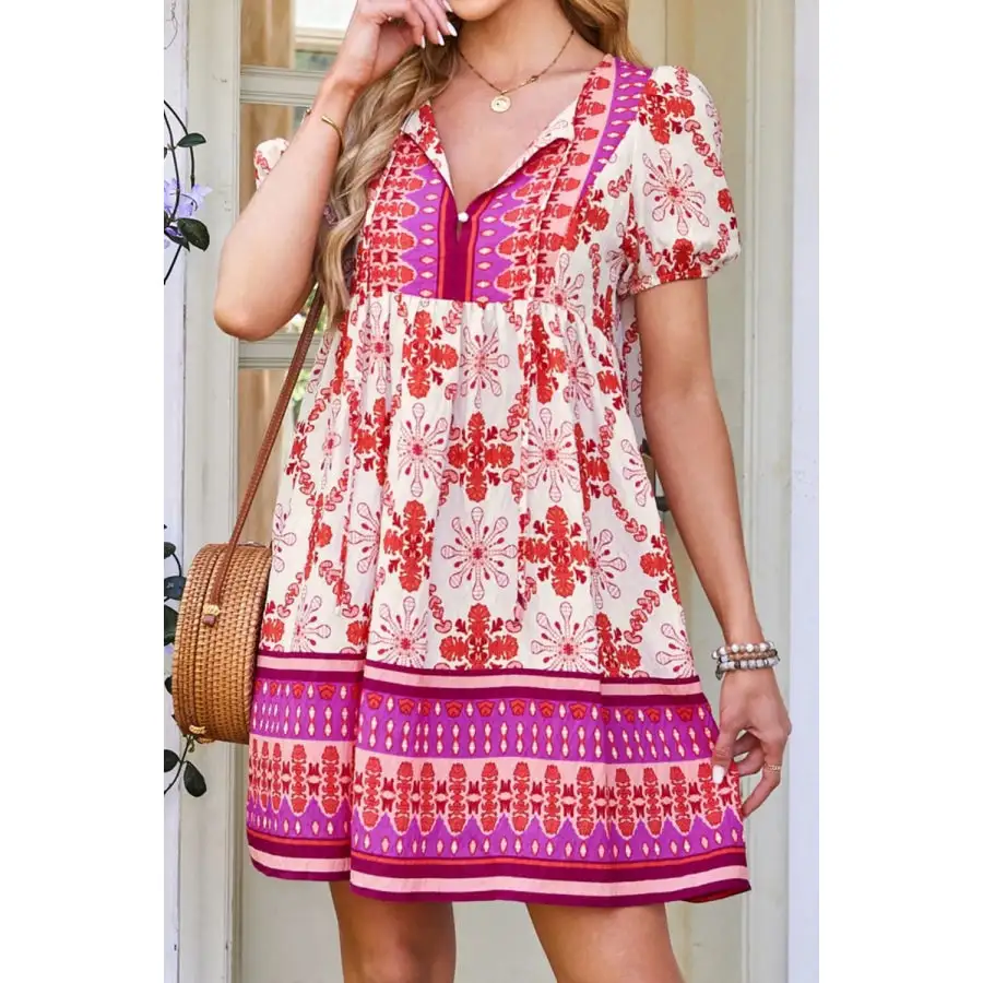 Boho Short Sleeve Tie Neck Mini Dress