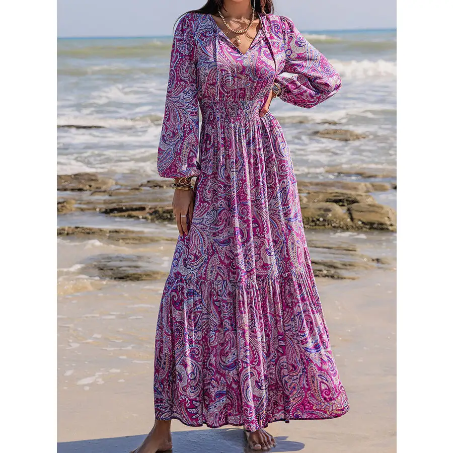 Relaxed Printed Tie Neck Balloon Sleeve Maxi Dress