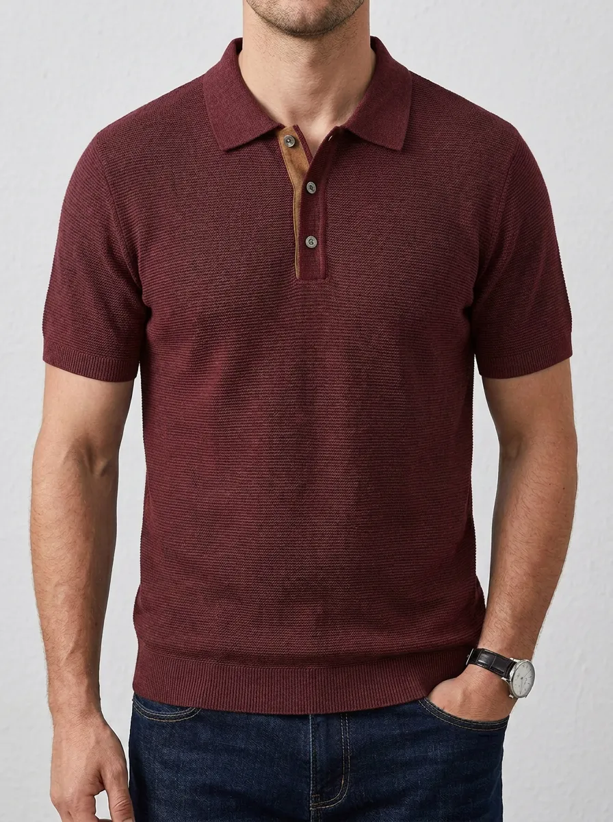 Men's Knit Ribbed Textured Contrast-Placket Polo Shirt
