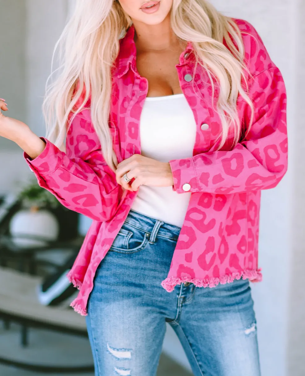 Leopard Print Button Cuffs Raw Hem Jacket