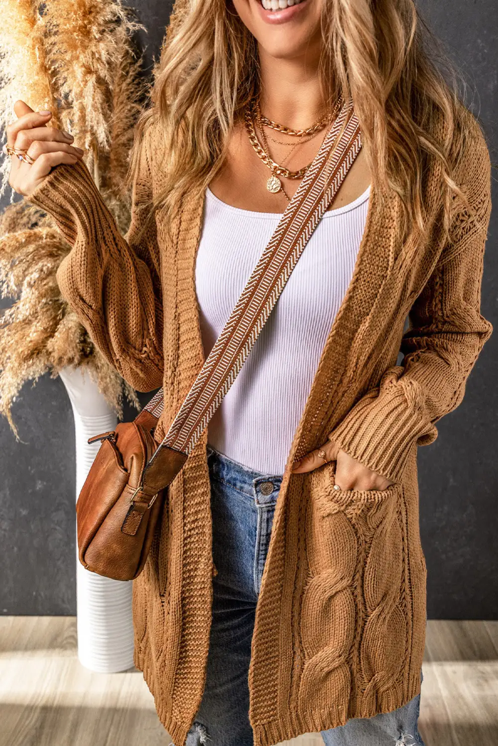 Cable Knit Ribbed Contrast Trim Cardigan