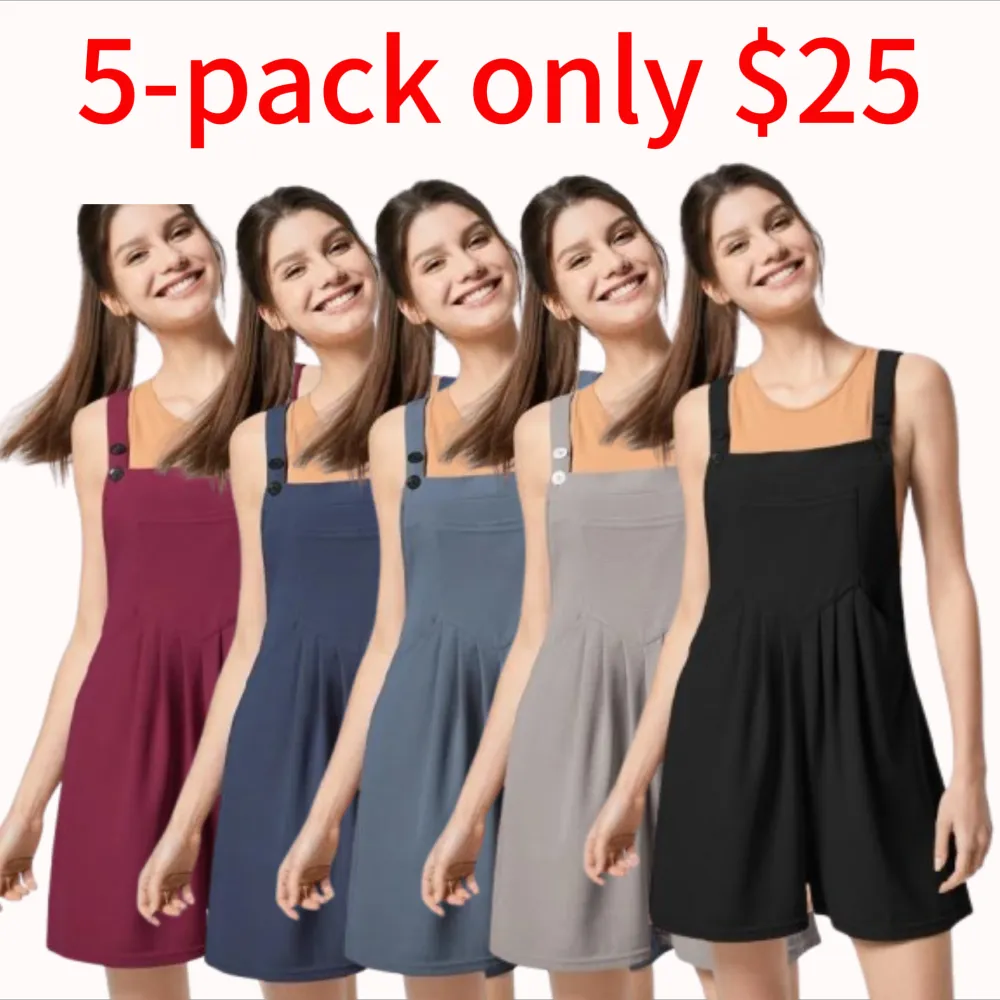 5-pack Adjustable Strap Button Multiple Pockets Plicated Waffle Casual Overalls