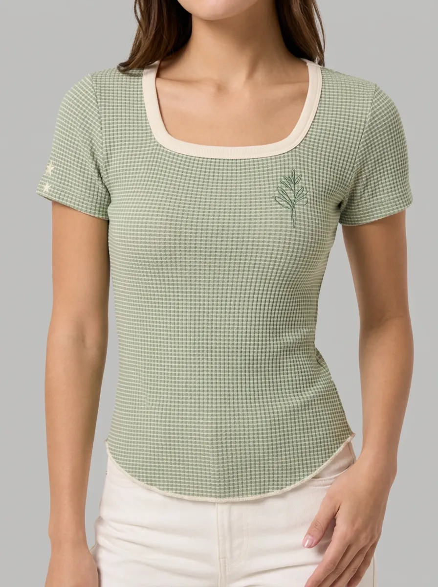 Women's Botanical Leaf Sage Green Waffle Printed Top