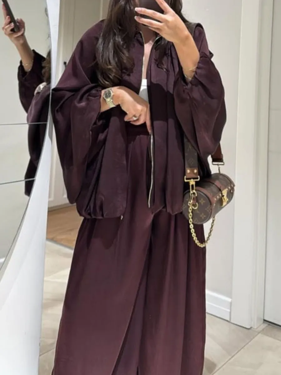 Women's solid color cross-section design casual zipper cardigan & pants set