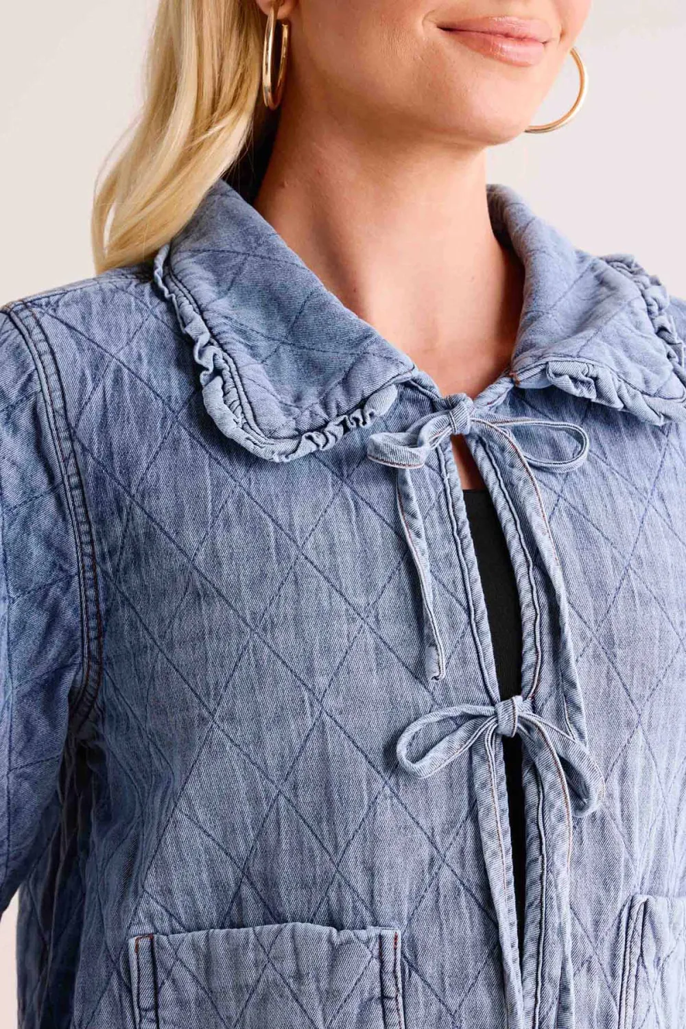 Light Blue Denim Tie-Front Pocketed Cropped Jacket