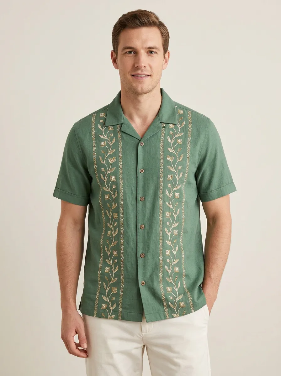 Men's Refined Floral Embroidered Linen Blend Shirt